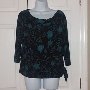 Good clothes Classics black and turquoise 3/4 length blouse side tie  Sz M NWOT